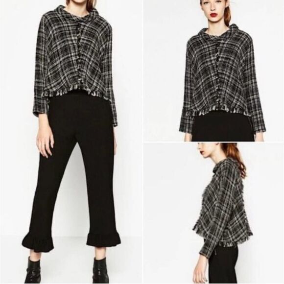 Zara EUC Tweed Mock Neck Sweater Top Fringe Details Black & White Size S - Picture 2 of 10